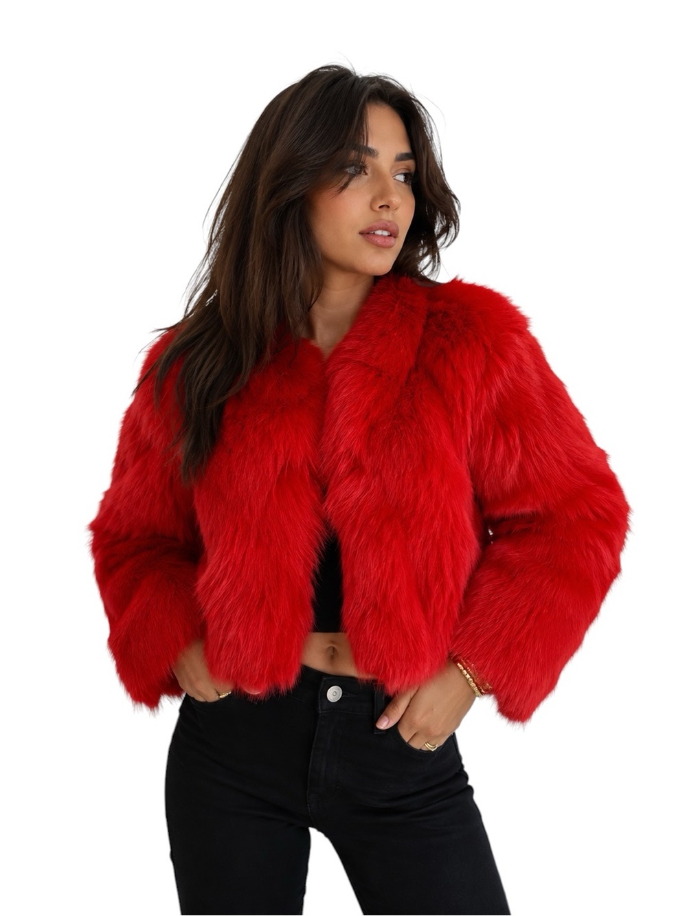 Red Genuine Fox Fur Cropped Jacket Women’s M Leopard Lining